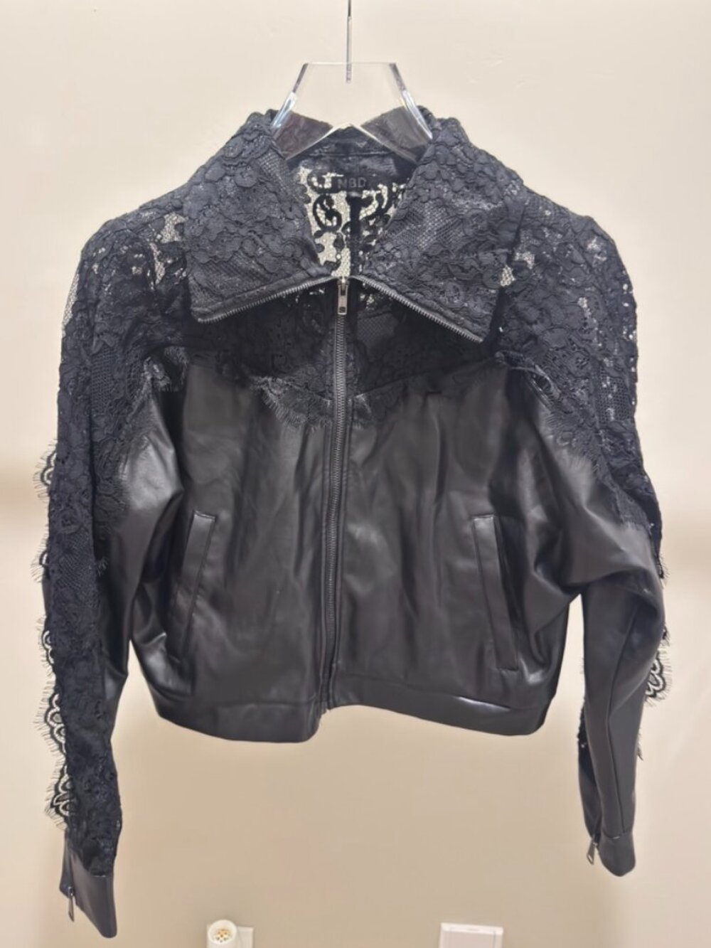 NBD Black Faux Leather Lace Moto Jacket Size M